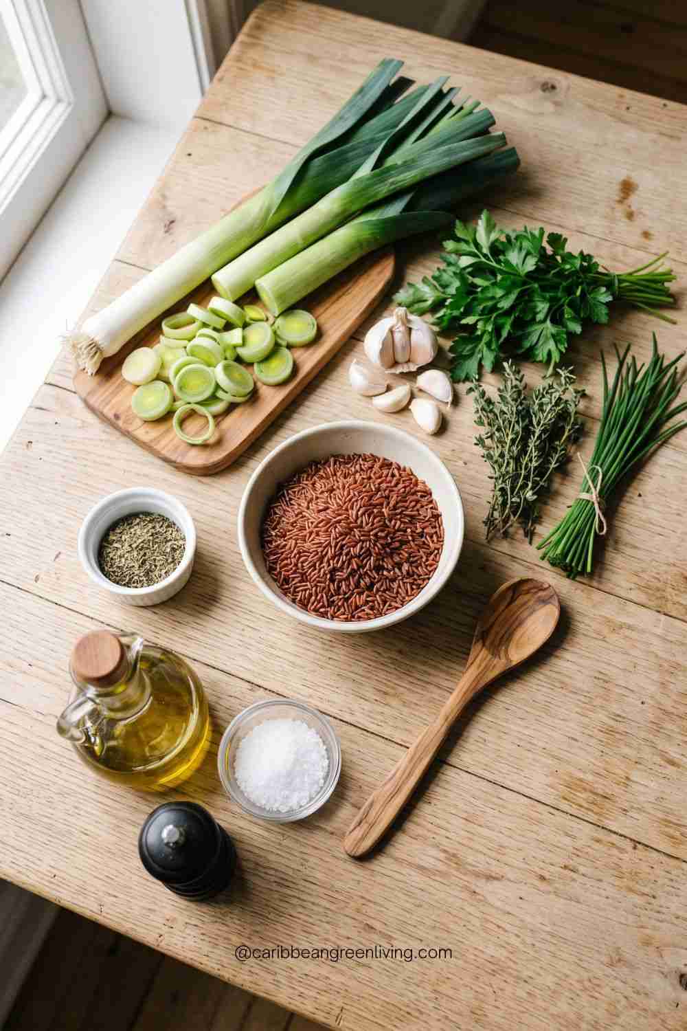 Red Rice with Leeks - Ingredient Flat Lay