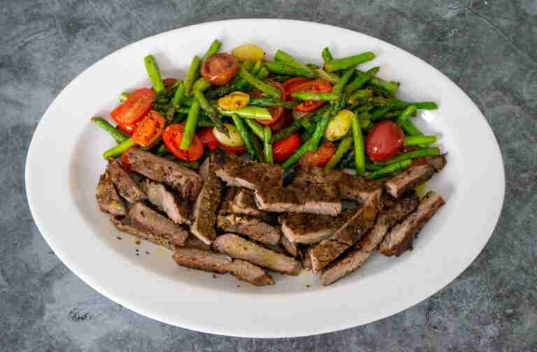 Sauteed Asparagus With Cherry Tomatoes and Steak Dinner