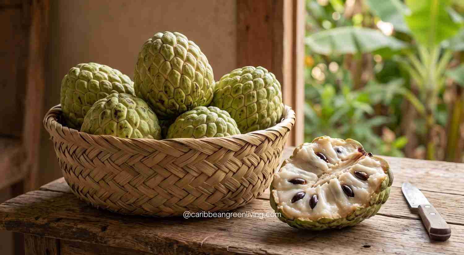 Ripe cachiman fruit with creamy white flesh and dark seeds