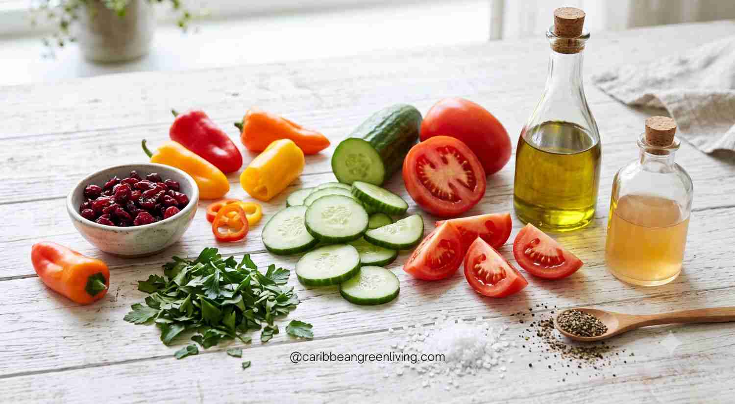 Cucumber Tomato Sweet Pepper Salad with Dried Cranberries - ingredients