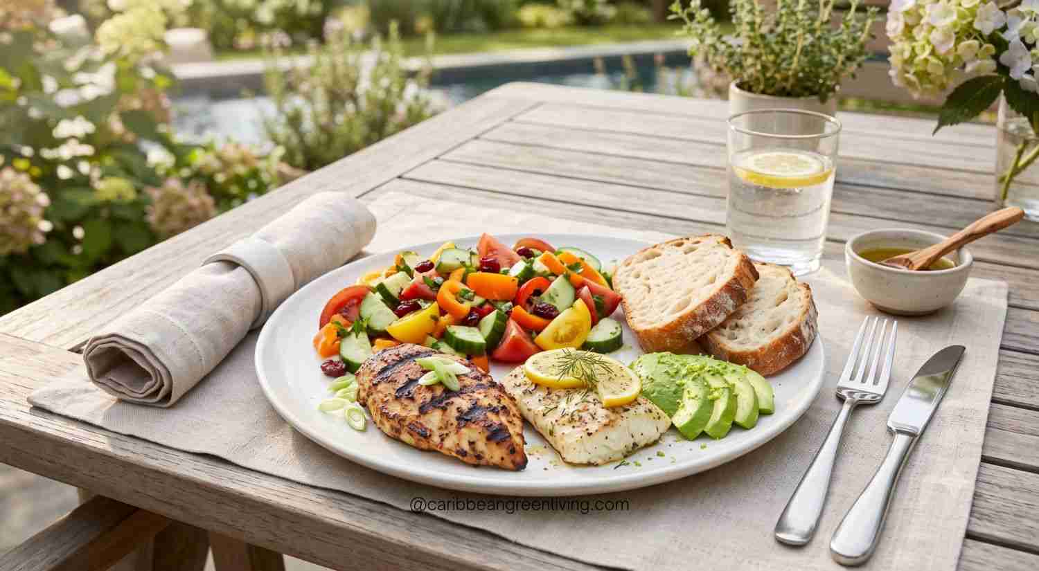 Cucumber Tomato Sweet Pepper Salad with Dried Cranberries - meal with grilled chicken