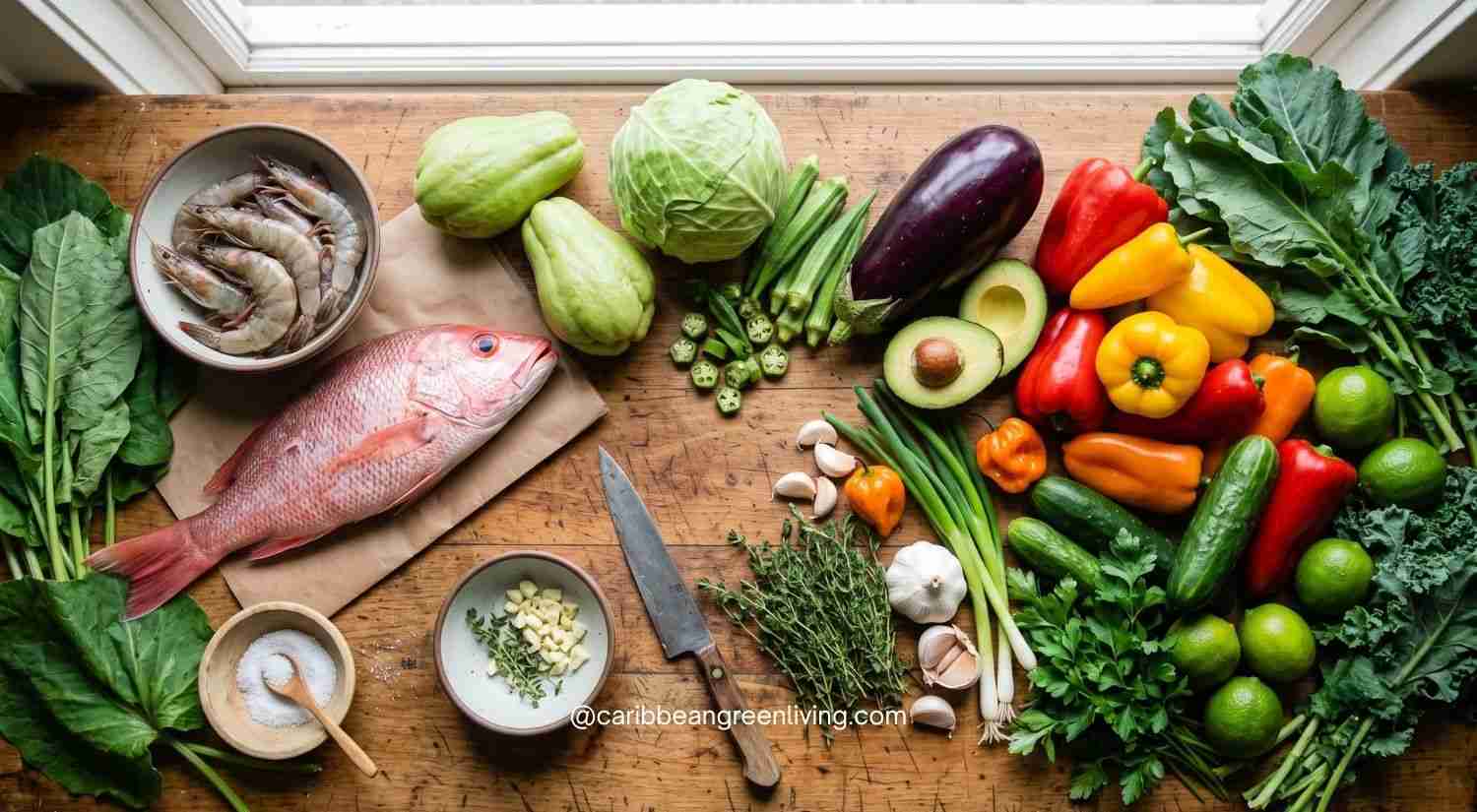 Caribbean ingredients for lower-carb cooking including vegetables, seafood, herbs and avocado.