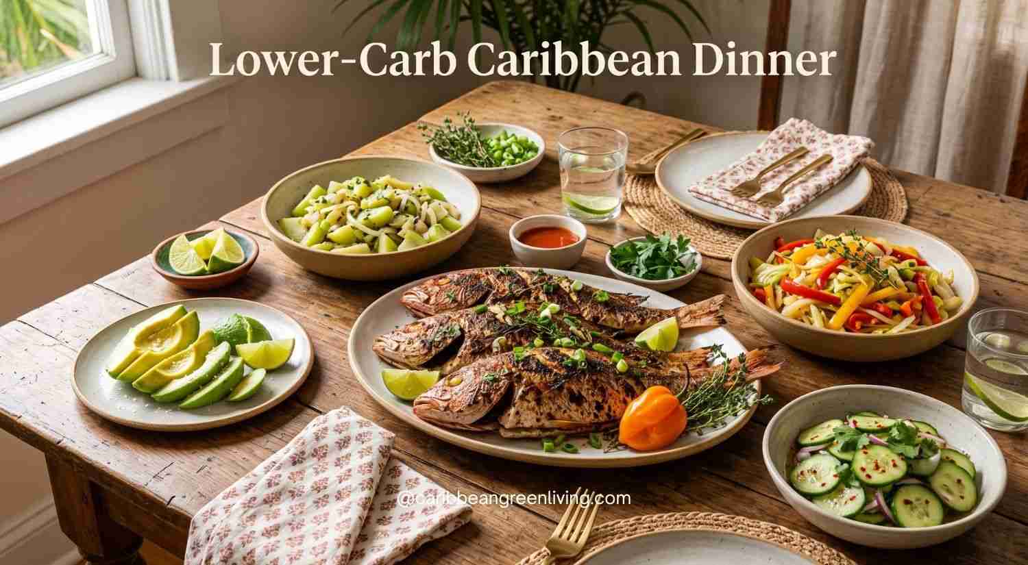 Lower-carb Caribbean meal with grilled fish, vegetables, chayote and avocado.