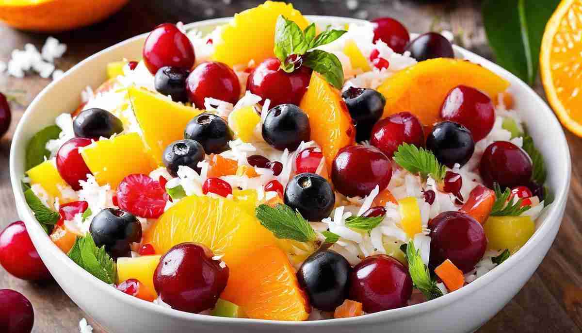 A vibrant and colorful Ambrosia fruit salad with oranges, cherries, pineapple, and shredded coconut, served in a flat dish.