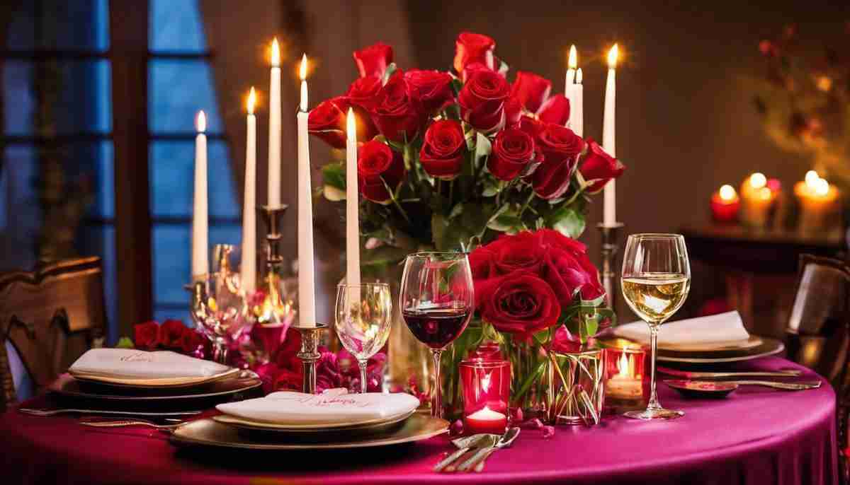 A beautifully arranged and colorful Valentine's Day dinner table with candles, wine glasses, and floral decorations