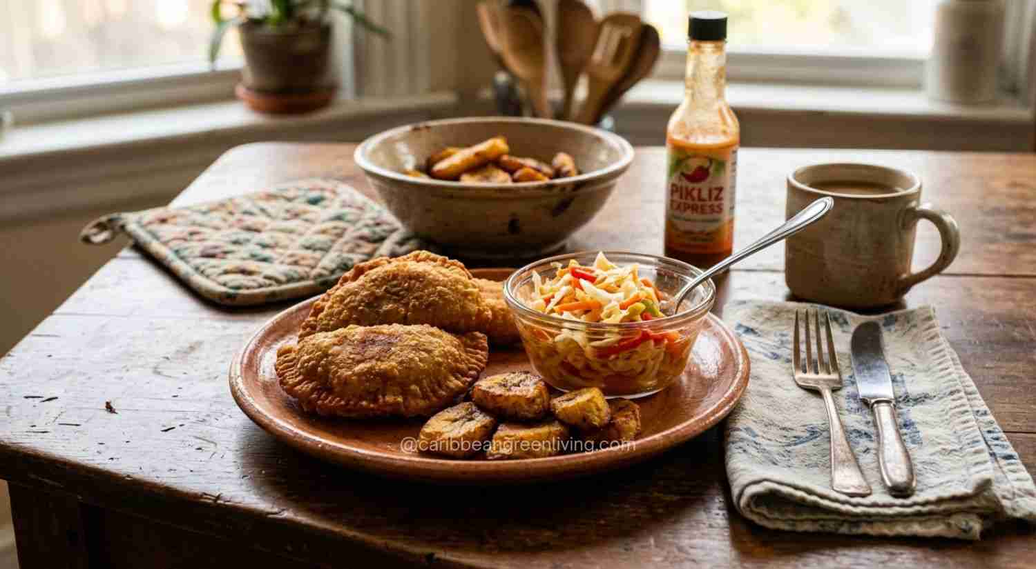 Haitian Pate Kode - served with fried plantains and Pikliz