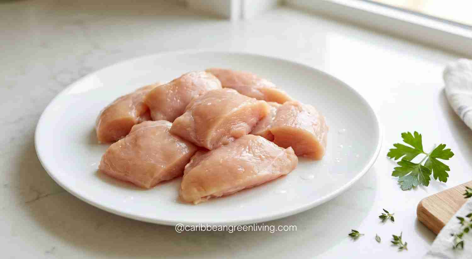 chicken pieces on a white plate after proper microwave thawing