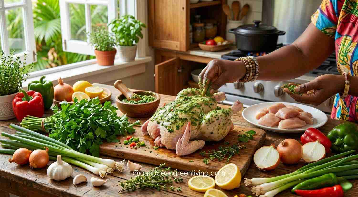freshly thawed chicken being seasoned with Haitian epis
