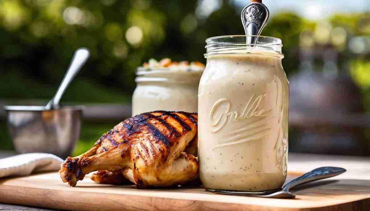 Sizzle up Your Grill: White BBQ Sauce Mastery 3 A jar of white BBQ sauce with a spoon and some grilled chicken in the background
