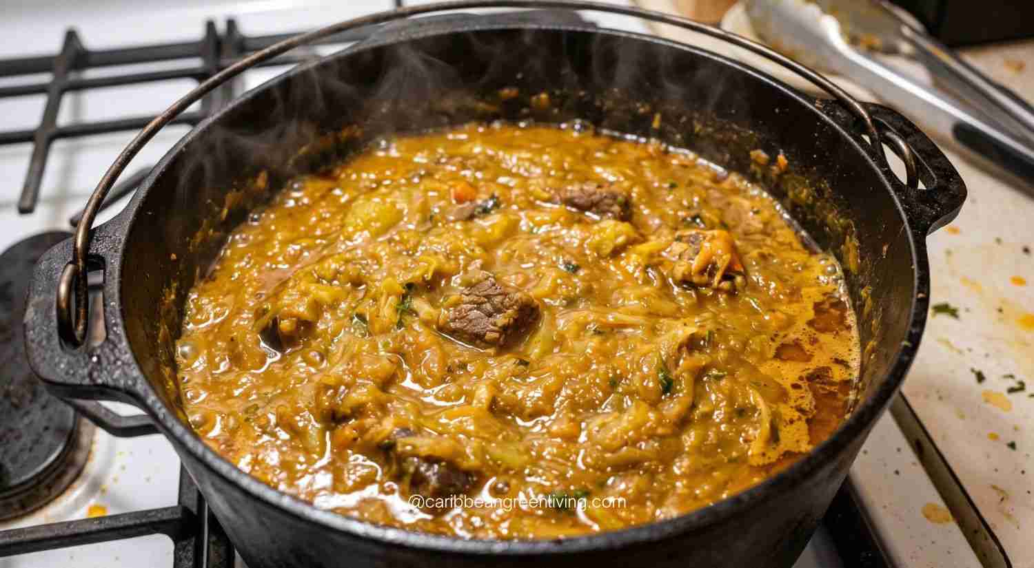 Mastering Haitian Legume (Légim): The Ultimate Guide to Depth, Texture, and Flavor 1 Haitian legume stew simmering and reducing in a cast iron Dutch oven on the stove until thick and glossy.
