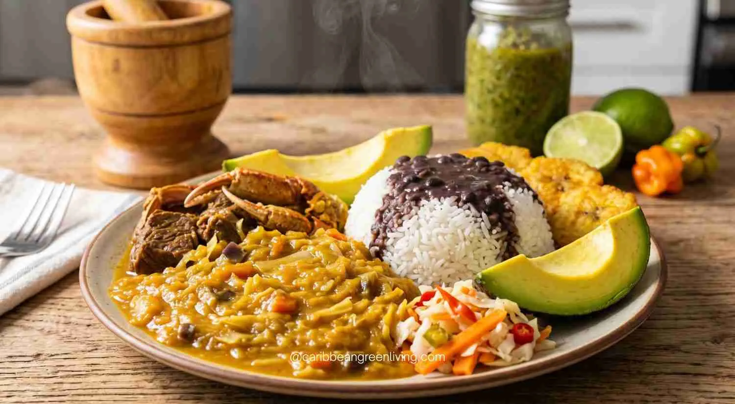 Mastering Haitian Legume (Légim): The Ultimate Guide to Depth, Texture, and Flavor 7 A traditional Haitian legume plate served with white rice, black bean sauce, sliced avocado, pikliz, and fried plantains.