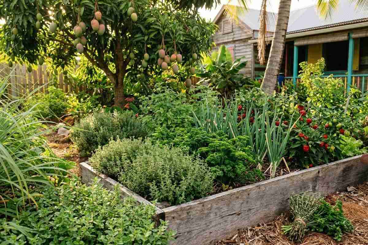 Caribbean herbs growing in a home garden including thyme and scallions