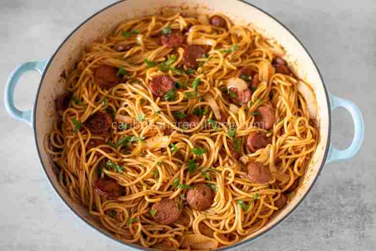 Haitian Spaghetti with Sausages and Anchovies