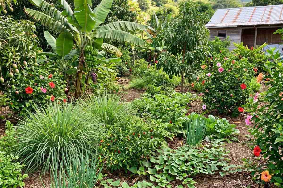 Layered Caribbean garden with tropical plants and fruit trees