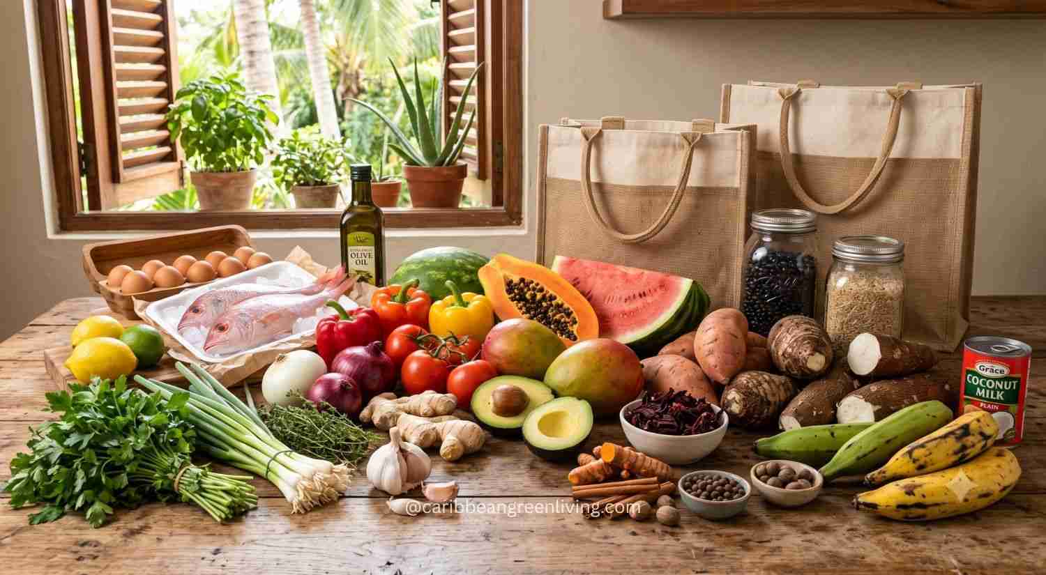 Healthy Caribbean grocery staples on kitchen table