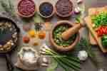 The Caribbean Pantry Blueprint; Essential Caribbean pantry spices including allspice and thyme; A fresh batch of Haitian Epis seasoning in a glass jar