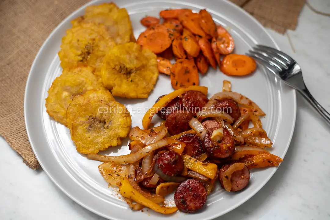 Caribbean Sausage and Peppers Skillet with Plantains