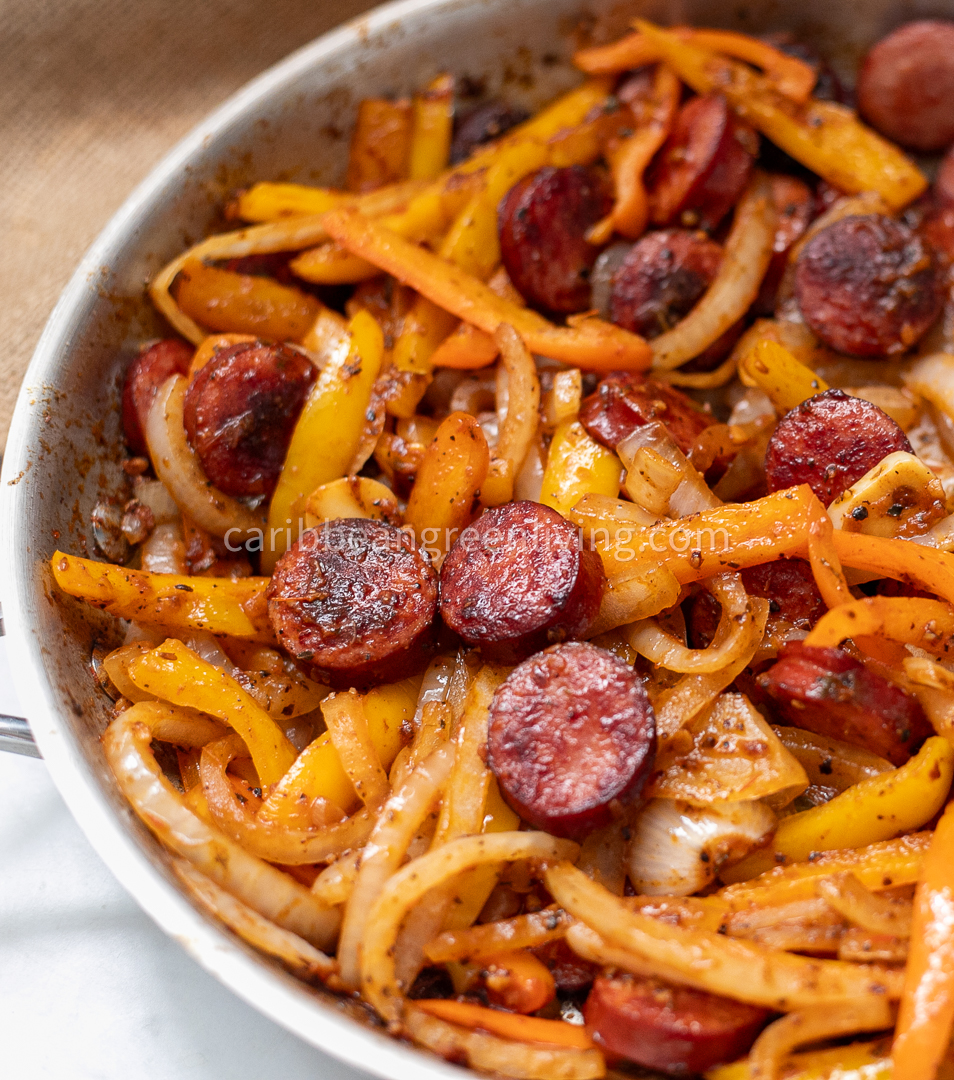 Caribbean Sausage and Peppers Skillet with Plantains