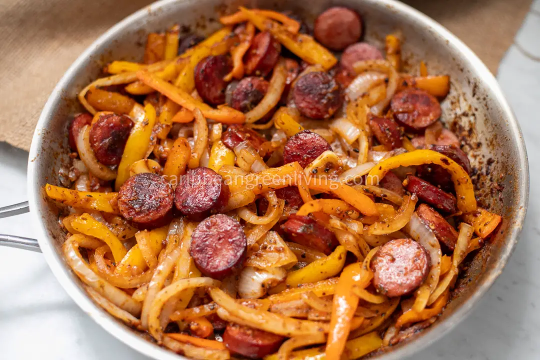 Caribbean Sausage and Peppers Skillet with Plantains