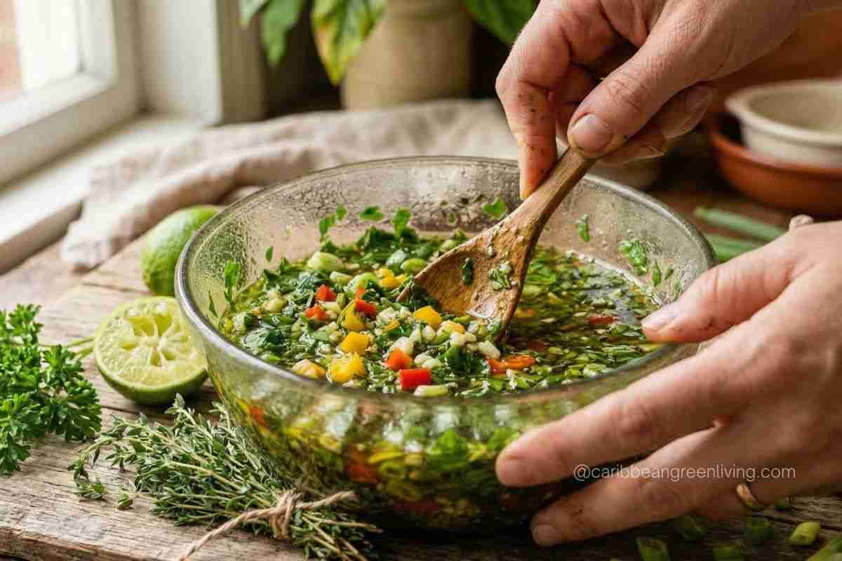 Antillean Marinade (Marinade Créole) 1 Mixing Antillean marinade with fresh herbs, garlic, and oil