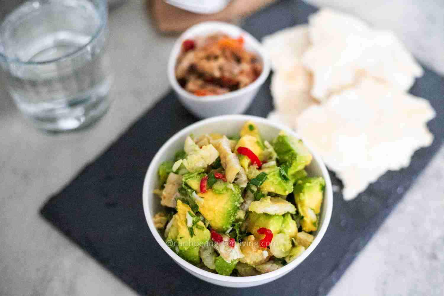 Salted codfish and avocado salad served with cassava bread