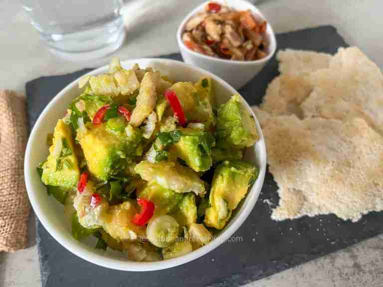 Salted codfish and avocado salad served with cassava bread