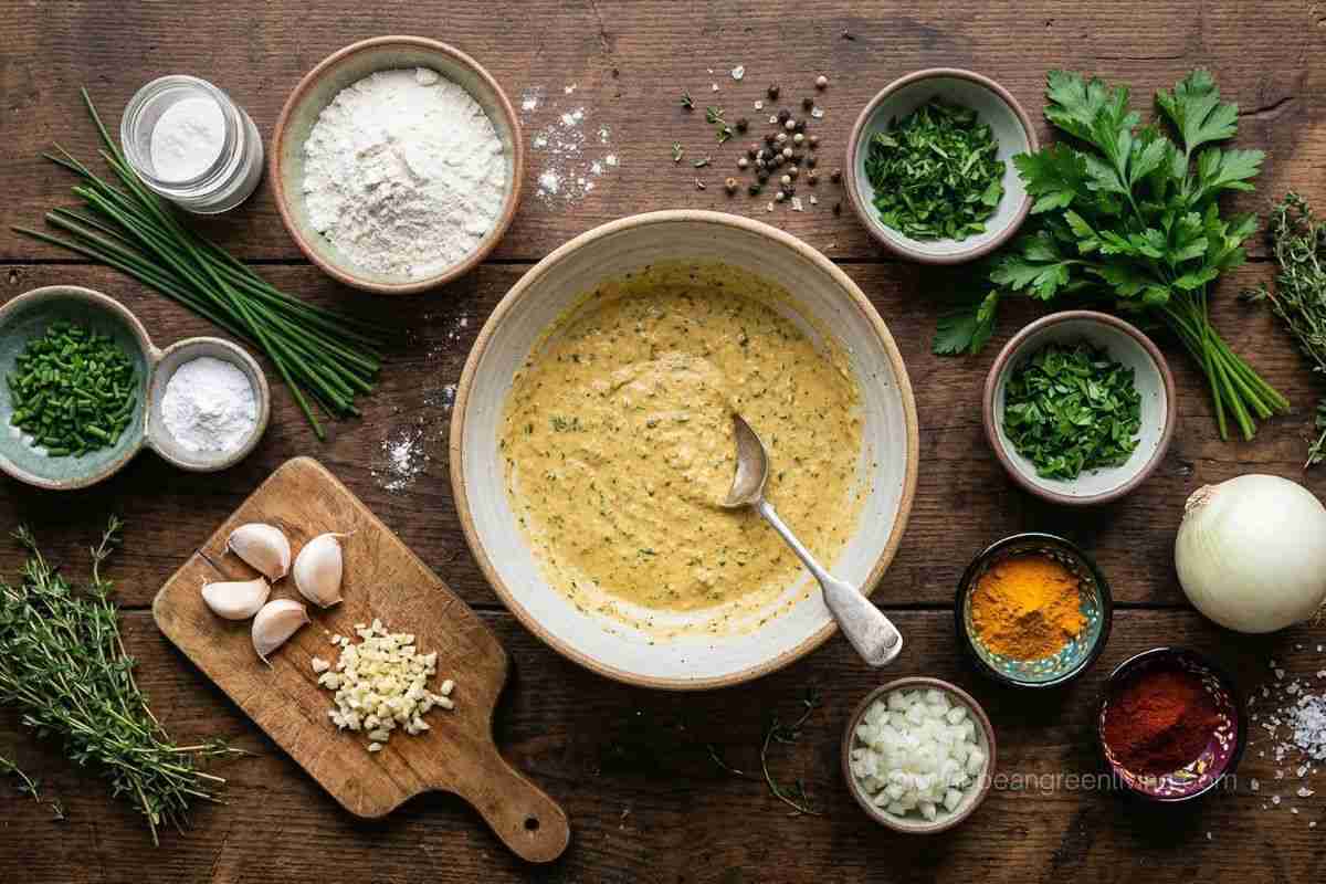 Caribbean fritter batter in a bowl with herbs