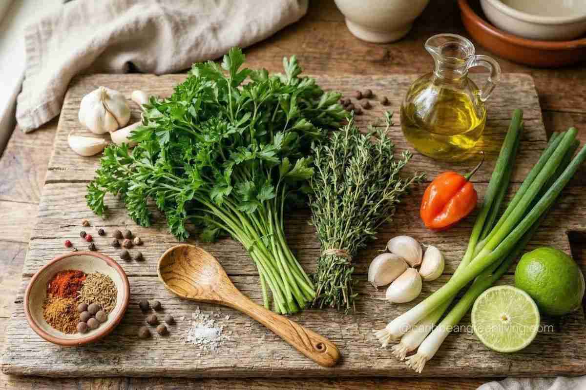 Antillean Marinade (Marinade Créole) 3 Fresh ingredients for Caribbean marinade créole on a wooden surface