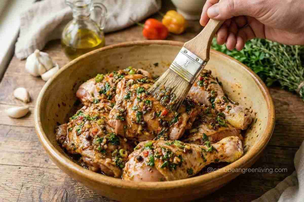 Antillean Marinade (Marinade Créole) 5 Marinating chicken with herbs, garlic, and spices Caribbean style