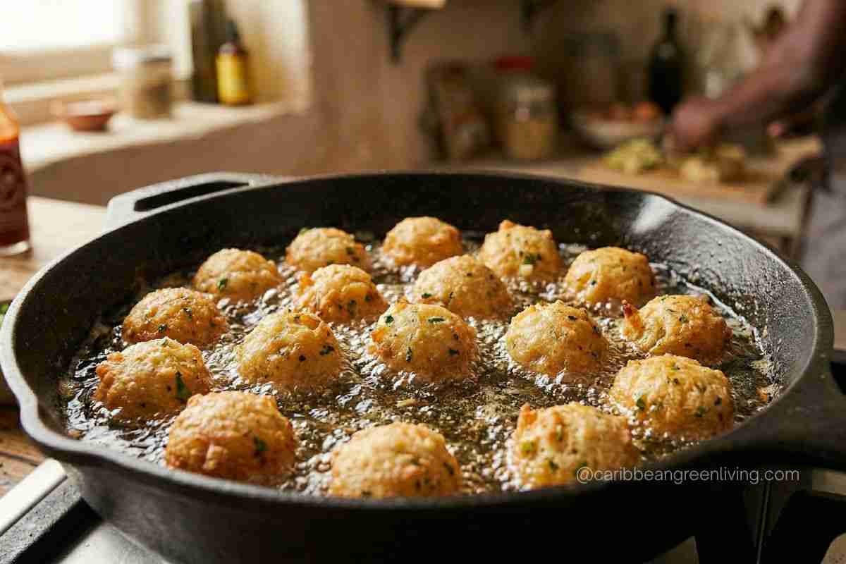 accras fritters frying in oil