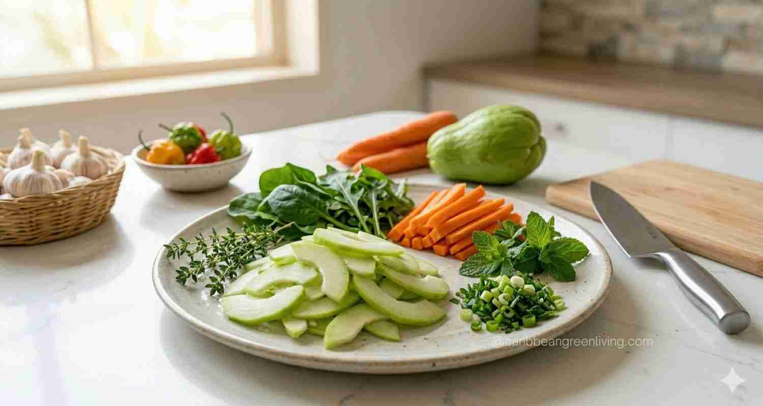 chayote with fresh vegetables and herbs