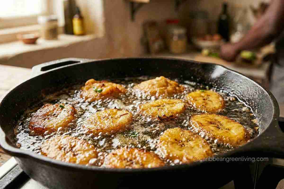 fried plantains in hot oil Caribbean style