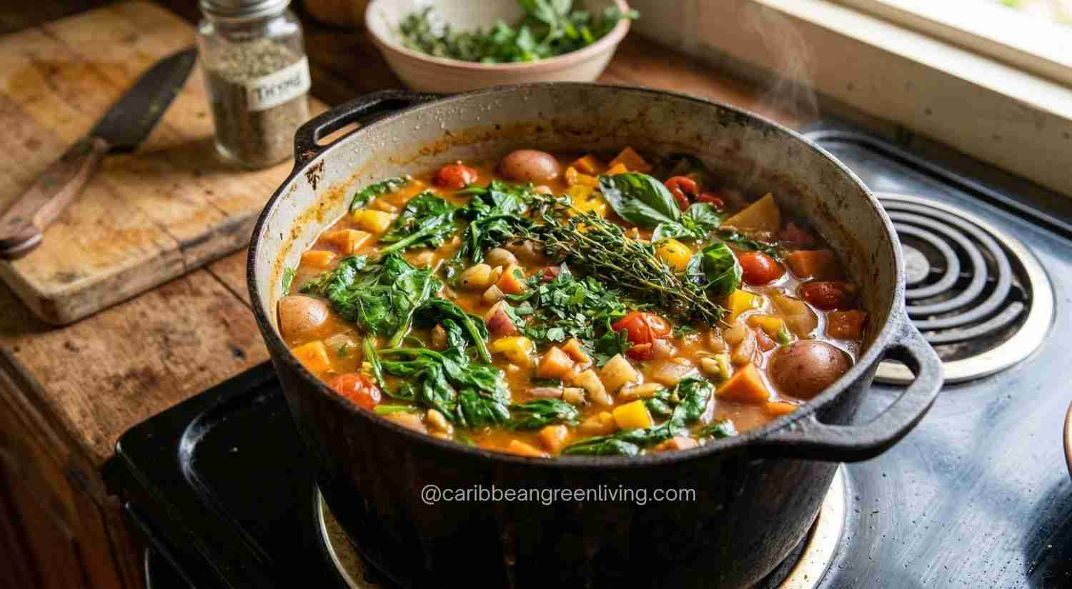 Caribbean vegetable stew with leafy greens