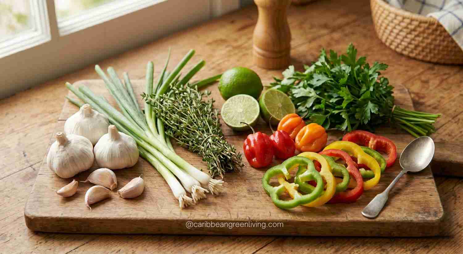 Caribbean cooking ingredients garlic thyme peppers