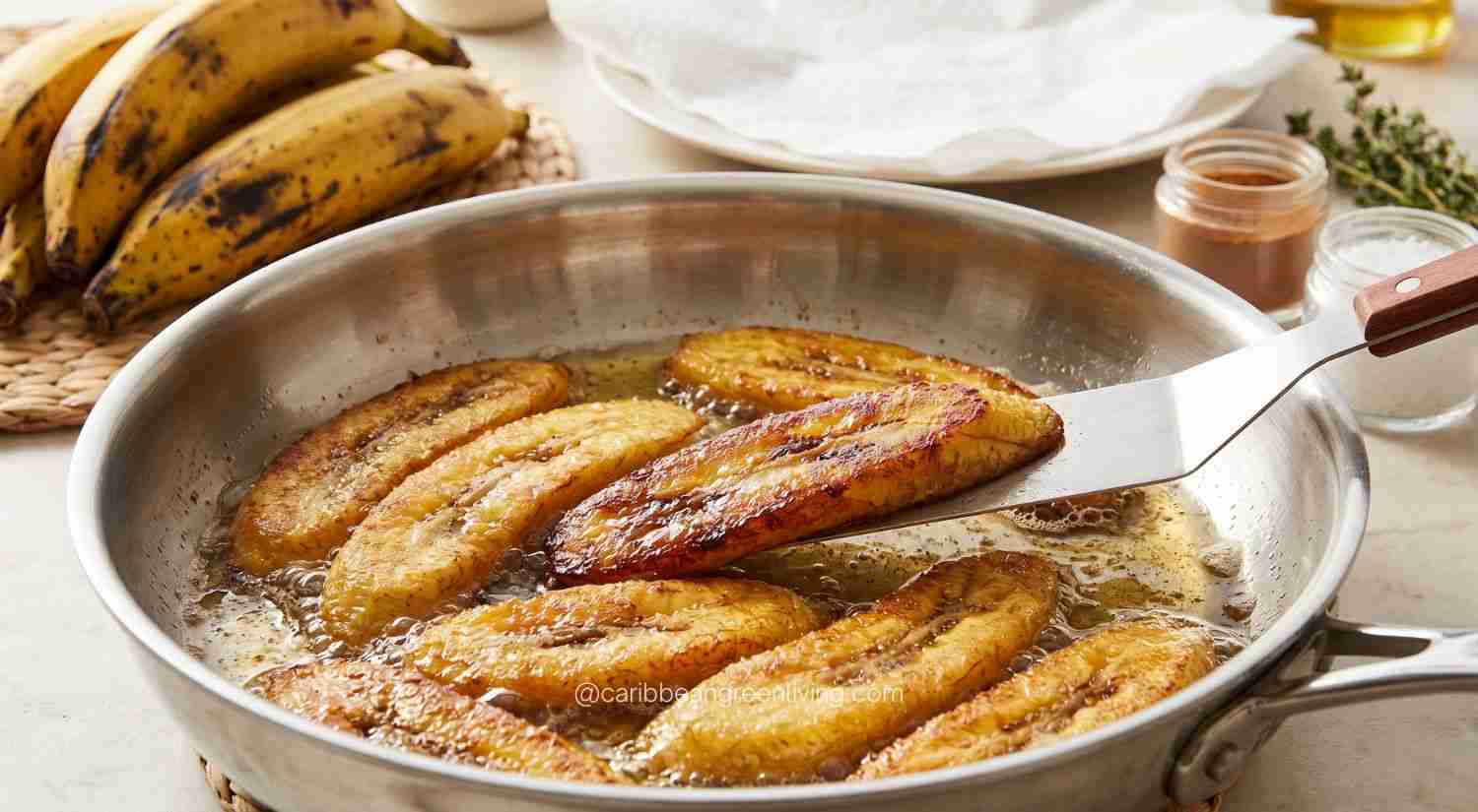 Frying Plantains in Stainless Steel Pan