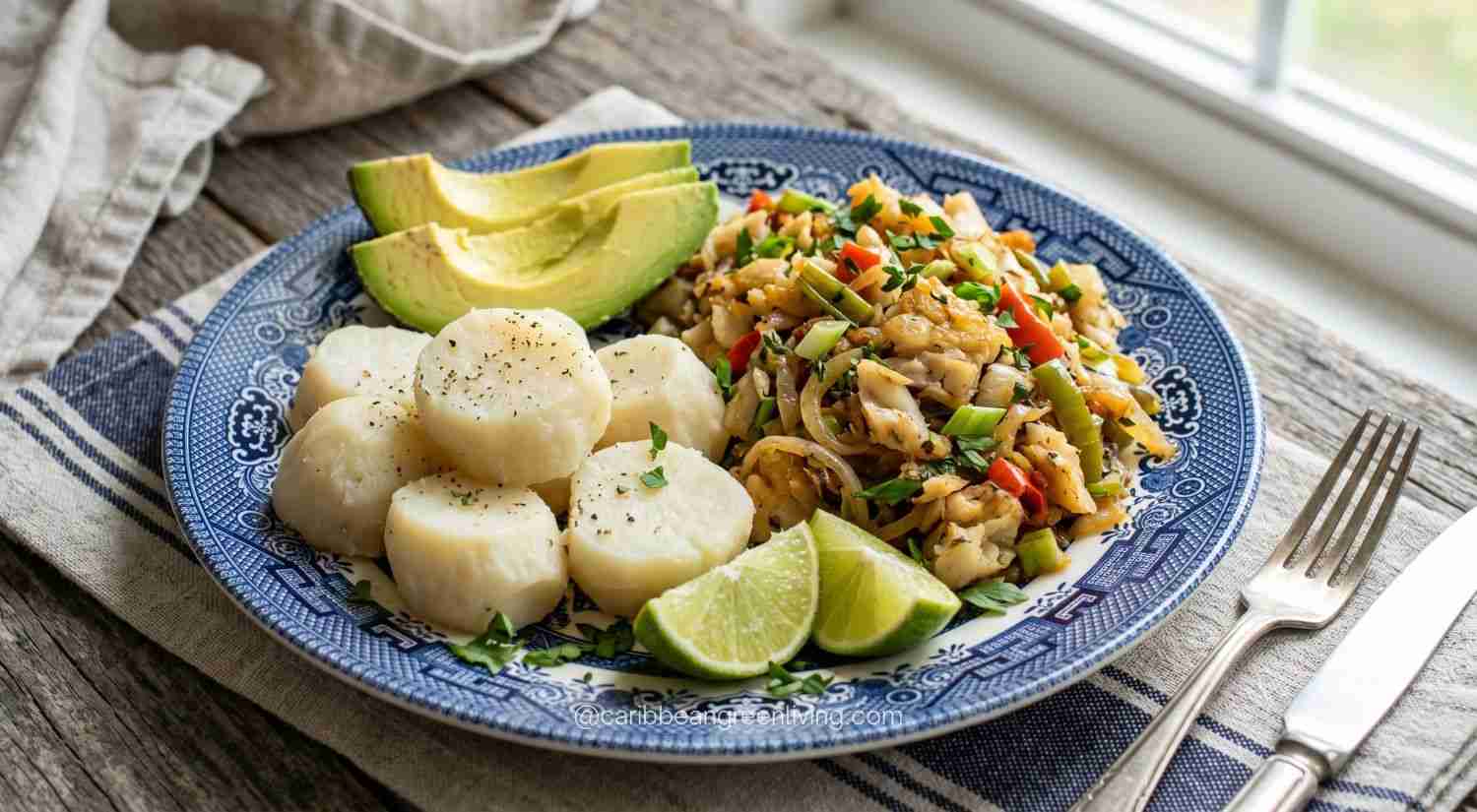 Boiled Eddoe with Salted Codfish and Avocado