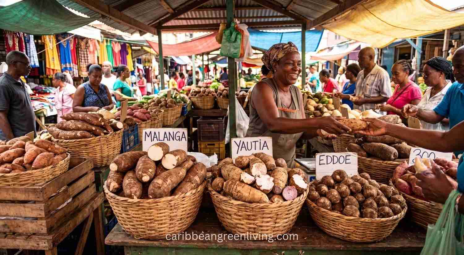 Caribbean Market Scene showing Malanga, Yautia and Eddoe
