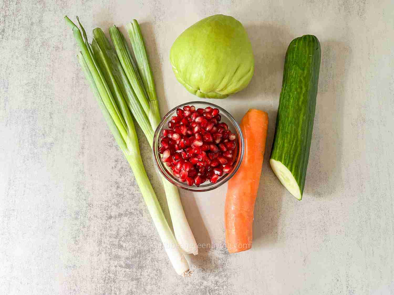 Ingredients for Chayote Salad with Cucumber, Carrot, and Pomegranate