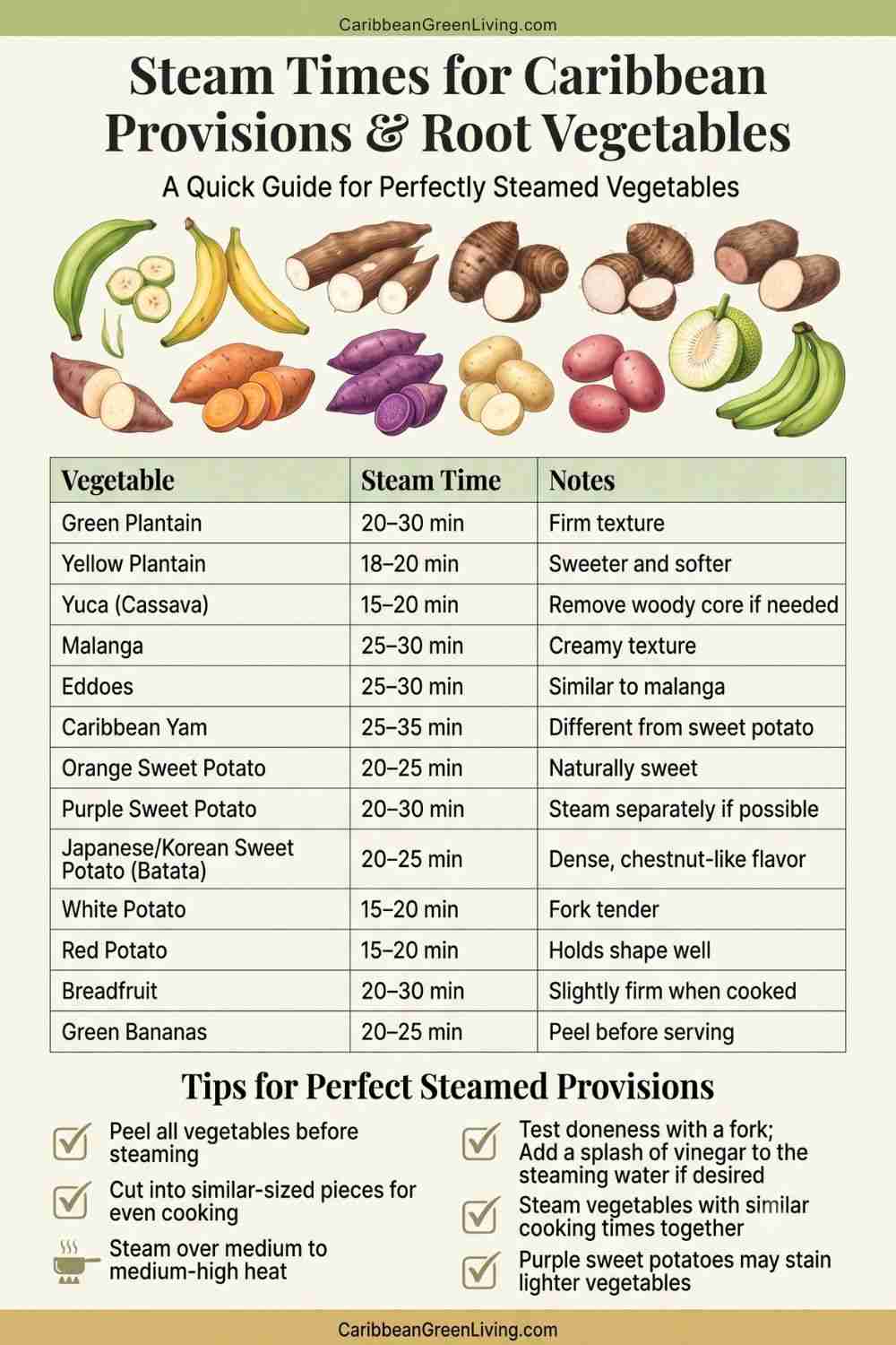 Steam Times for Caribbean Provisions and Root Vegetables