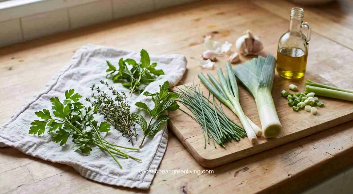 parsley, thyme, scallions, chives, mint, and leek beside parsley paste, olive oil, and garlic.