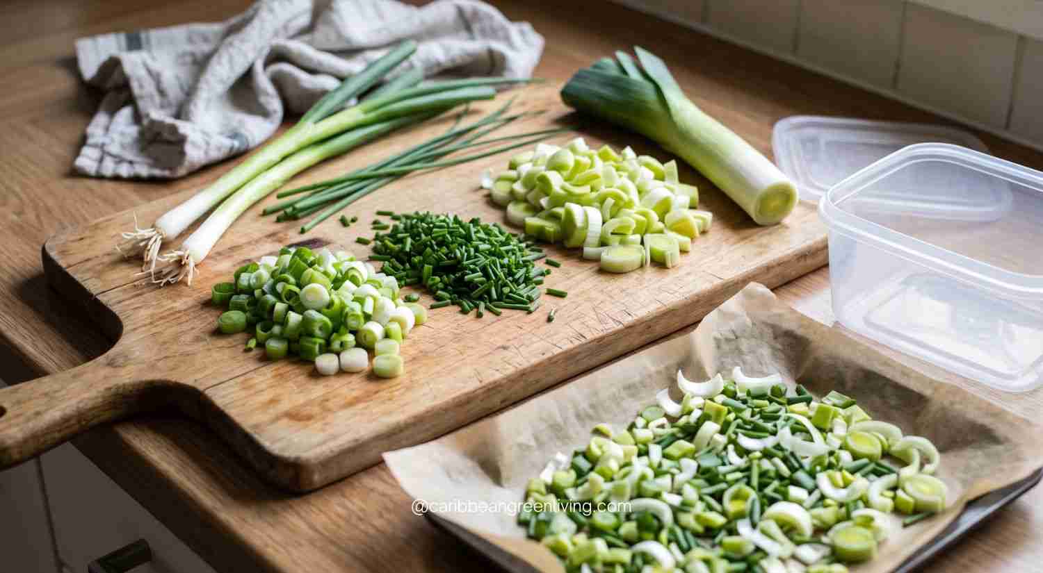 parsley paste preparation, chopped aromatics for freezing, and Haitian epis with portion trays.